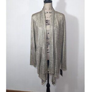 NWT Clara Sun Woo Cardigan Sweater Metallic Gold Open Waterfall Draped Front 2X